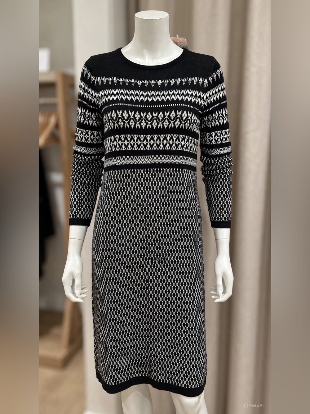 Christopher & Banks Fair Isle Black/White Knit Sweater Dress Long Sleeve S